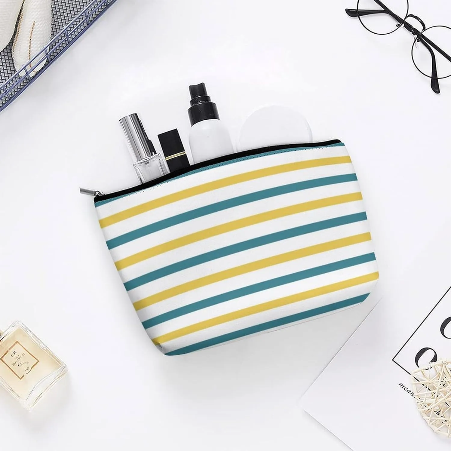 Small Cosmetic Bag, Gold and Teal Stripes Makeup Bags Elegant Roomy Pouch for Women,Travel Toiletry Accessories Organizer