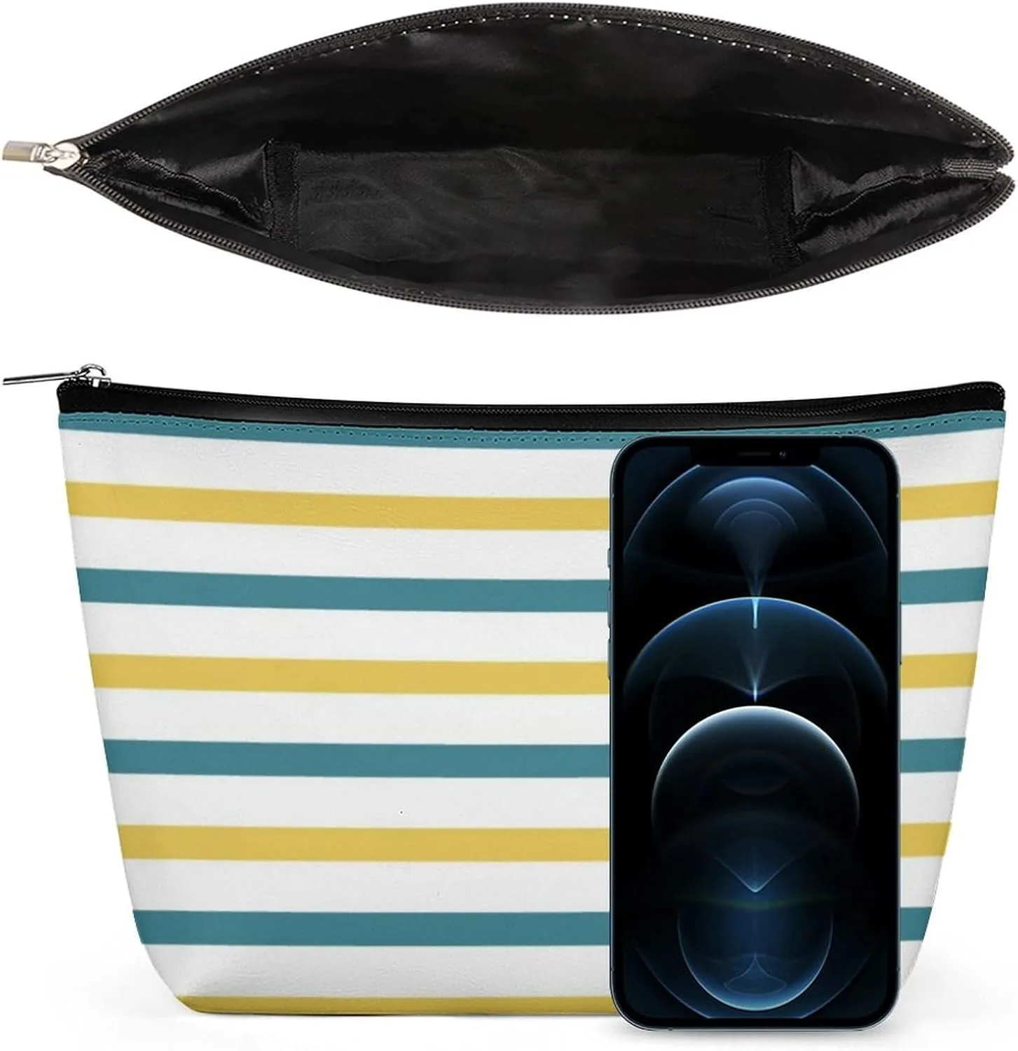 Small Cosmetic Bag, Gold and Teal Stripes Makeup Bags Elegant Roomy Pouch for Women,Travel Toiletry Accessories Organizer
