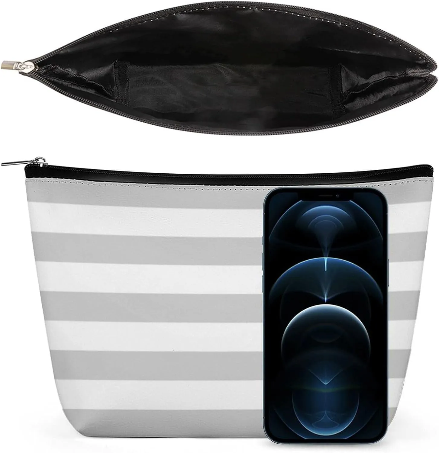 Small Cosmetic Bag, Gray and White Stripes Makeup Bags Elegant Roomy Pouch for Women,Travel Toiletry Accessories Organizer
