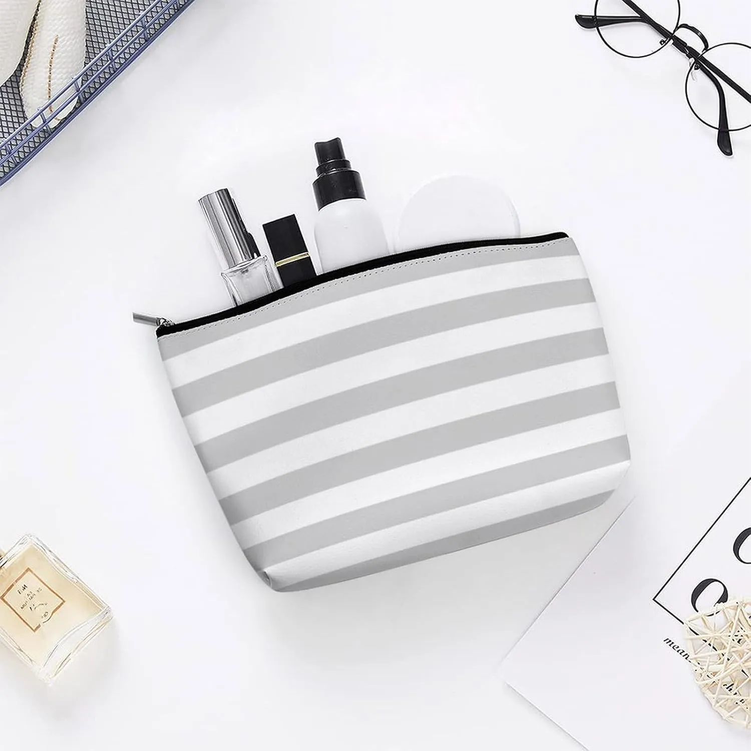 Small Cosmetic Bag, Gray and White Stripes Makeup Bags Elegant Roomy Pouch for Women,Travel Toiletry Accessories Organizer