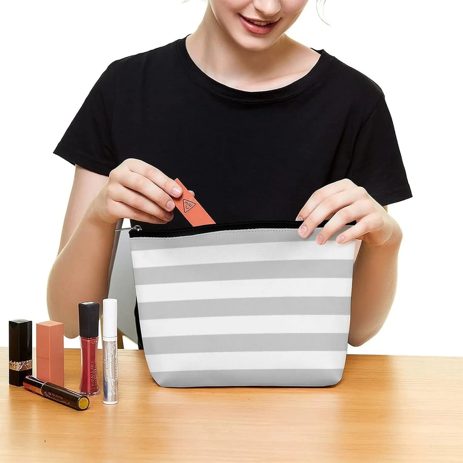 Small Cosmetic Bag, Gray and White Stripes Makeup Bags Elegant Roomy Pouch for Women,Travel Toiletry Accessories Organizer