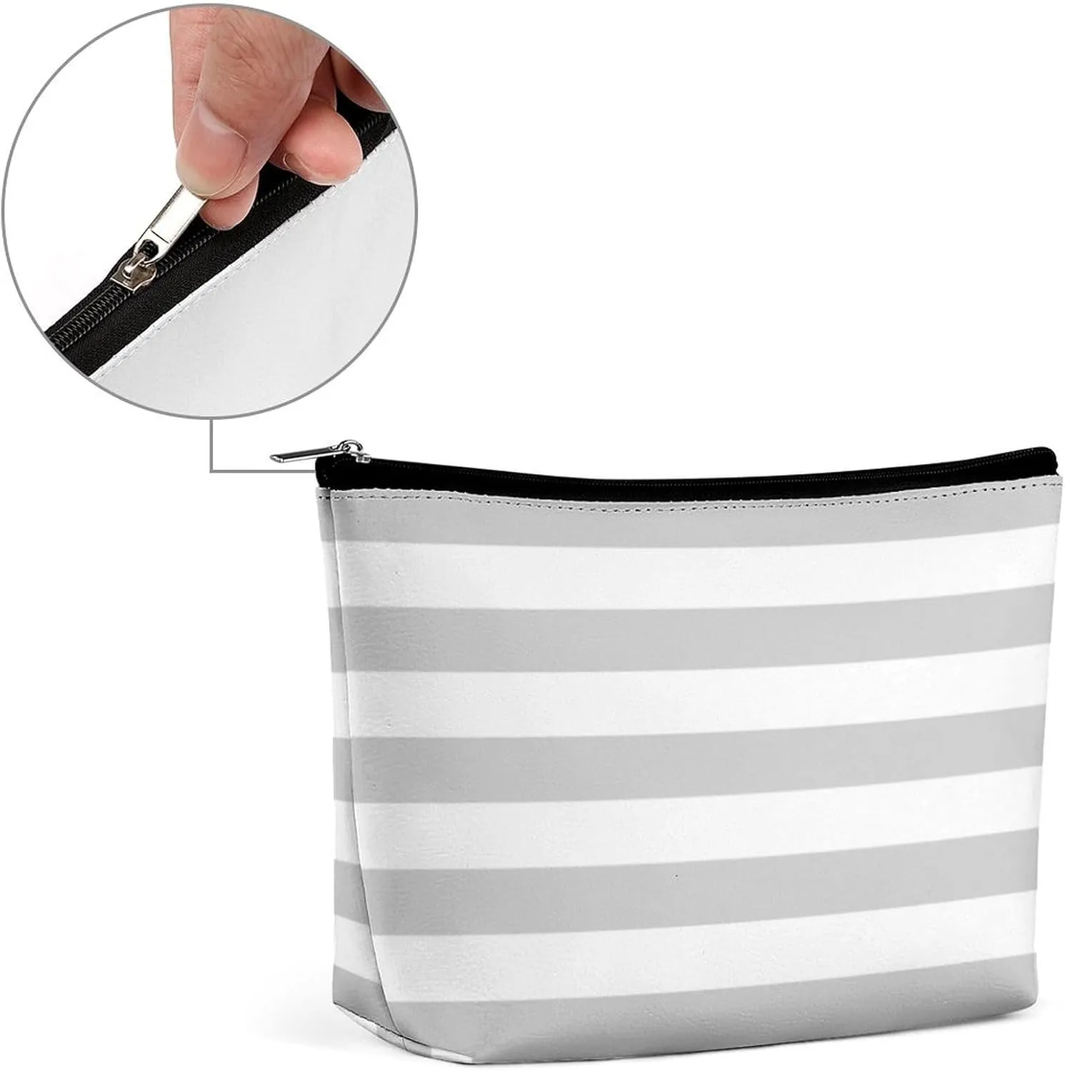 Small Cosmetic Bag, Gray and White Stripes Makeup Bags Elegant Roomy Pouch for Women,Travel Toiletry Accessories Organizer