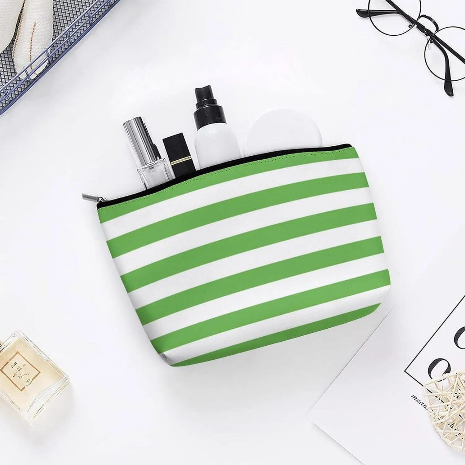 Small Cosmetic Bag, Green and White Stripes Makeup Bags Elegant Roomy Pouch for Women,Travel Toiletry Accessories Organizer