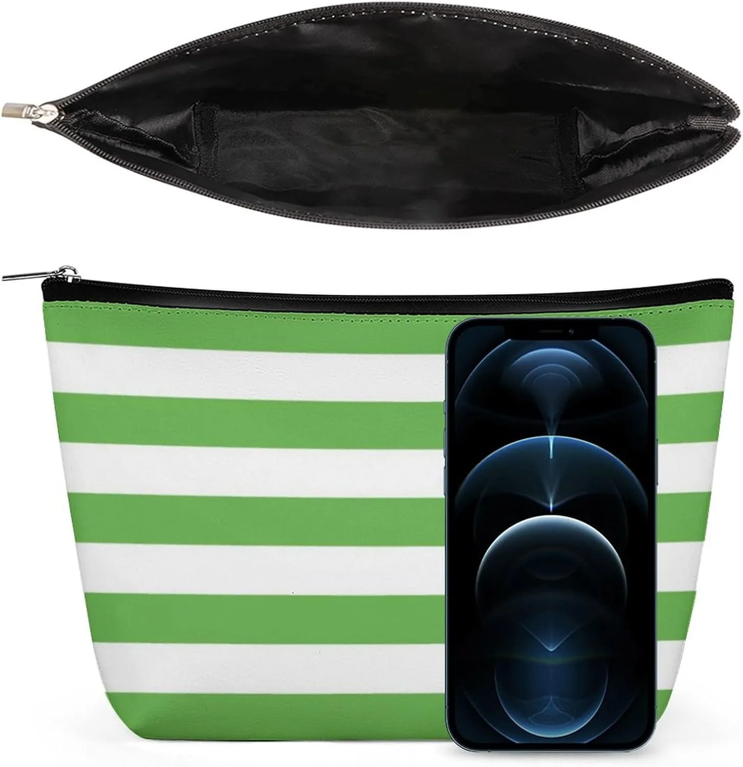 Small Cosmetic Bag, Green and White Stripes Makeup Bags Elegant Roomy Pouch for Women,Travel Toiletry Accessories Organizer