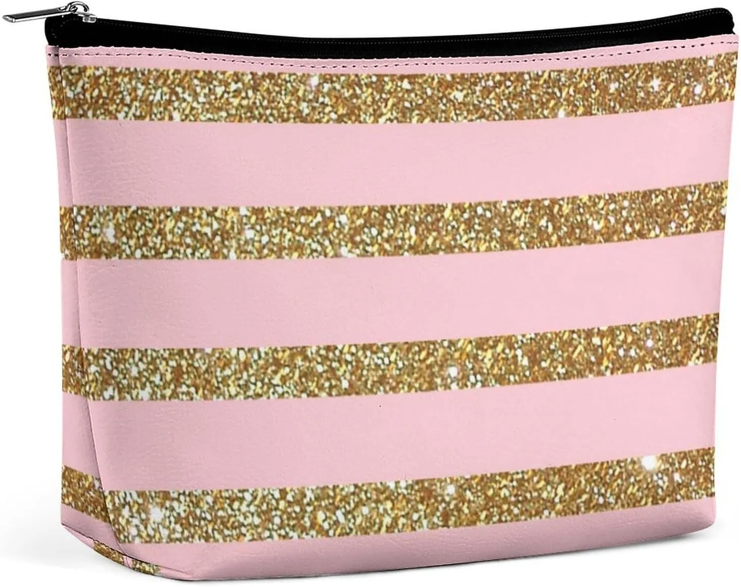 Small Cosmetic Bag, Pink and Gold Striped Makeup Bags Elegant Roomy Pouch for Women,Travel Toiletry Accessories Organizer