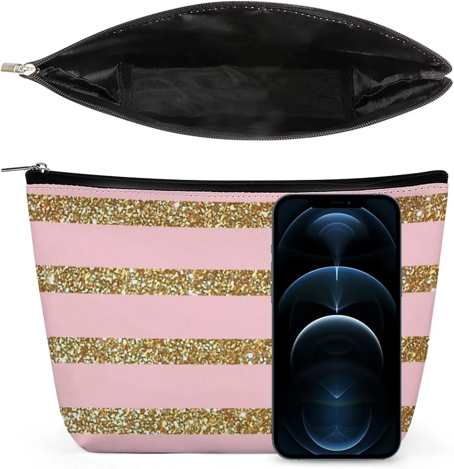 Small Cosmetic Bag, Pink and Gold Striped Makeup Bags Elegant Roomy Pouch for Women,Travel Toiletry Accessories Organizer