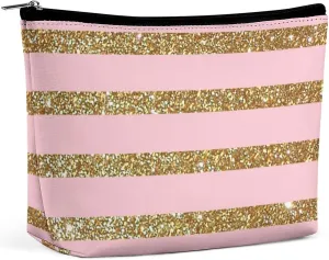 Small Cosmetic Bag, Pink and Gold Striped Makeup Bags Elegant Roomy Pouch for Women,Travel Toiletry Accessories Organizer