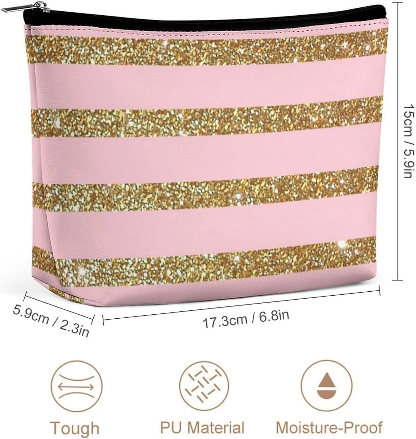 Small Cosmetic Bag, Pink and Gold Striped Makeup Bags Elegant Roomy Pouch for Women,Travel Toiletry Accessories Organizer