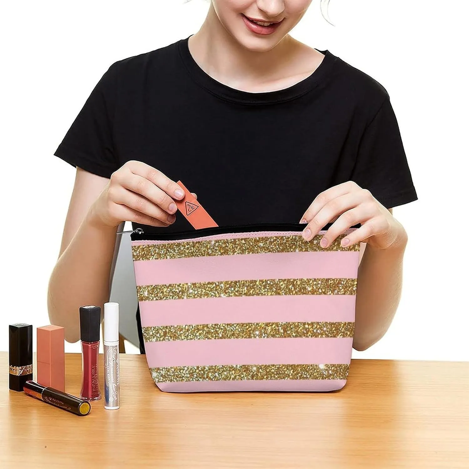 Small Cosmetic Bag, Pink and Gold Striped Makeup Bags Elegant Roomy Pouch for Women,Travel Toiletry Accessories Organizer