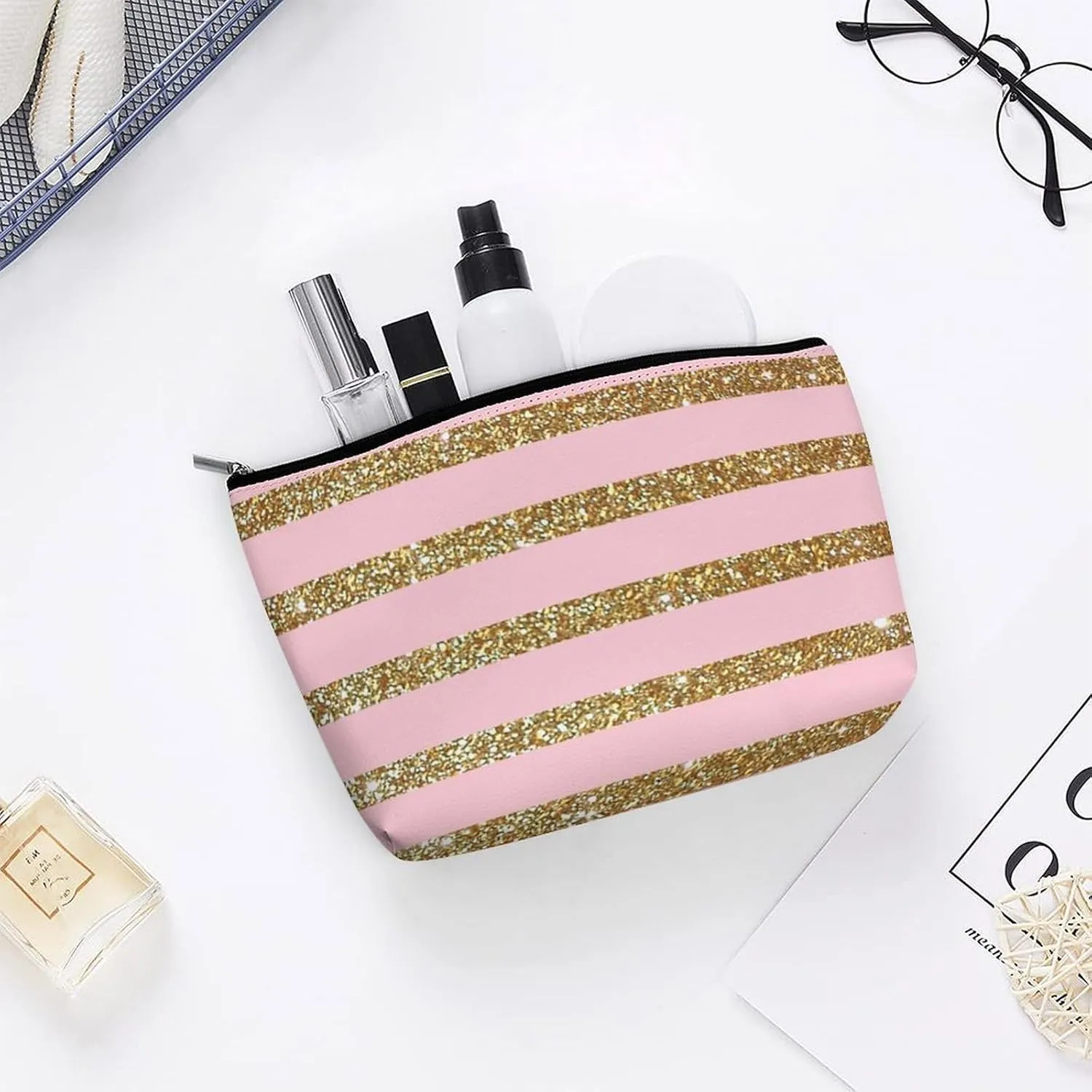Small Cosmetic Bag, Pink and Gold Striped Makeup Bags Elegant Roomy Pouch for Women,Travel Toiletry Accessories Organizer