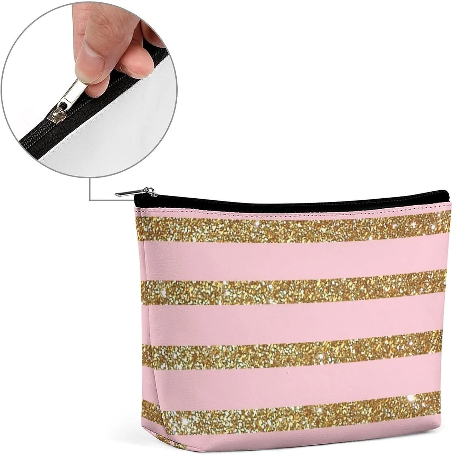 Small Cosmetic Bag, Pink and Gold Striped Makeup Bags Elegant Roomy Pouch for Women,Travel Toiletry Accessories Organizer