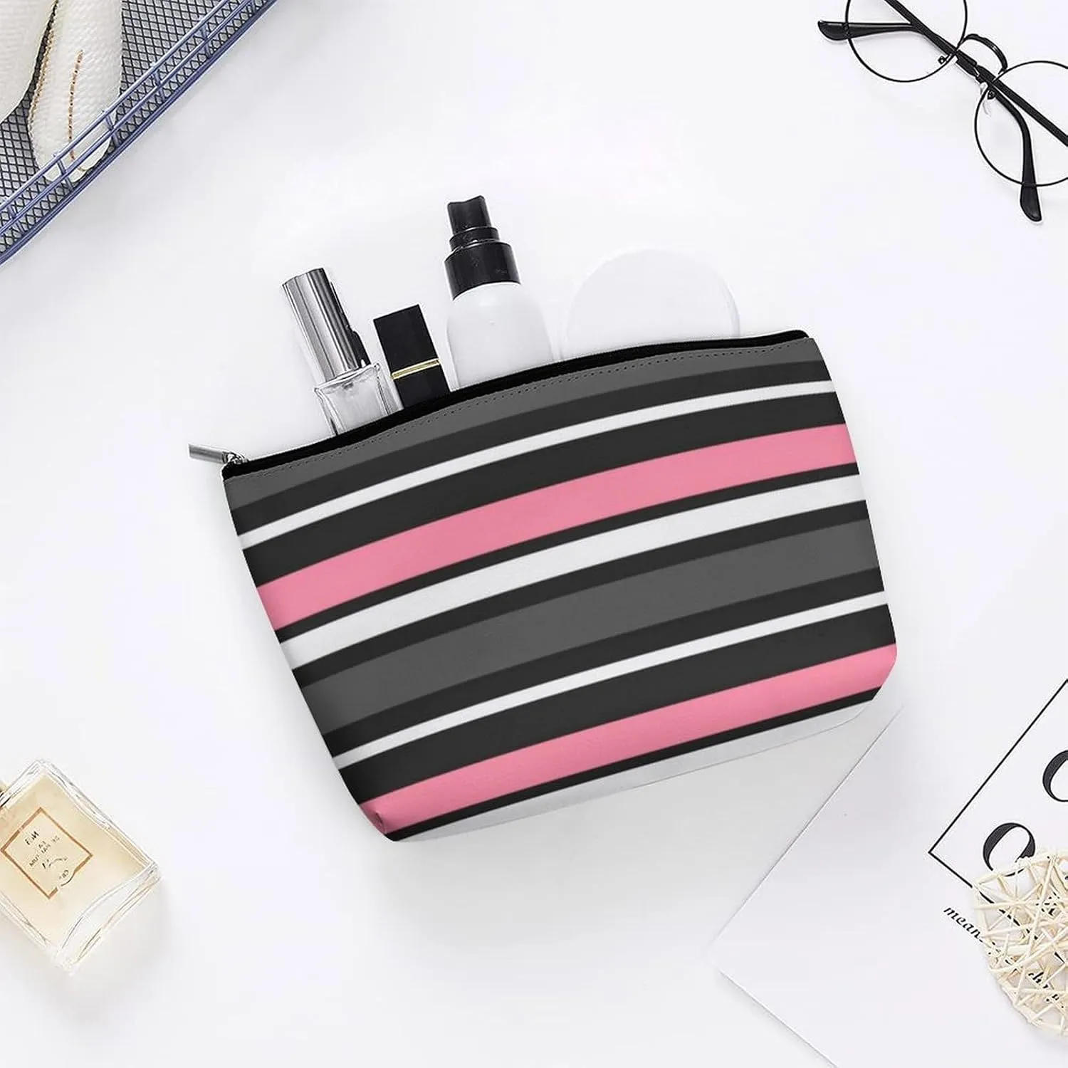 Small Cosmetic Bag, Pink Black Grey and White Stripes Makeup Bags Elegant Roomy Pouch for Women,Travel Toiletry Accessories Organizer