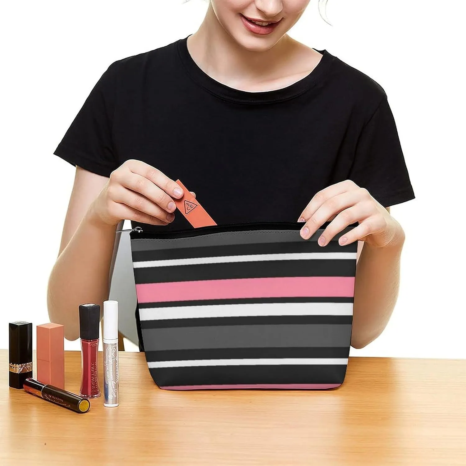 Small Cosmetic Bag, Pink Black Grey and White Stripes Makeup Bags Elegant Roomy Pouch for Women,Travel Toiletry Accessories Organizer