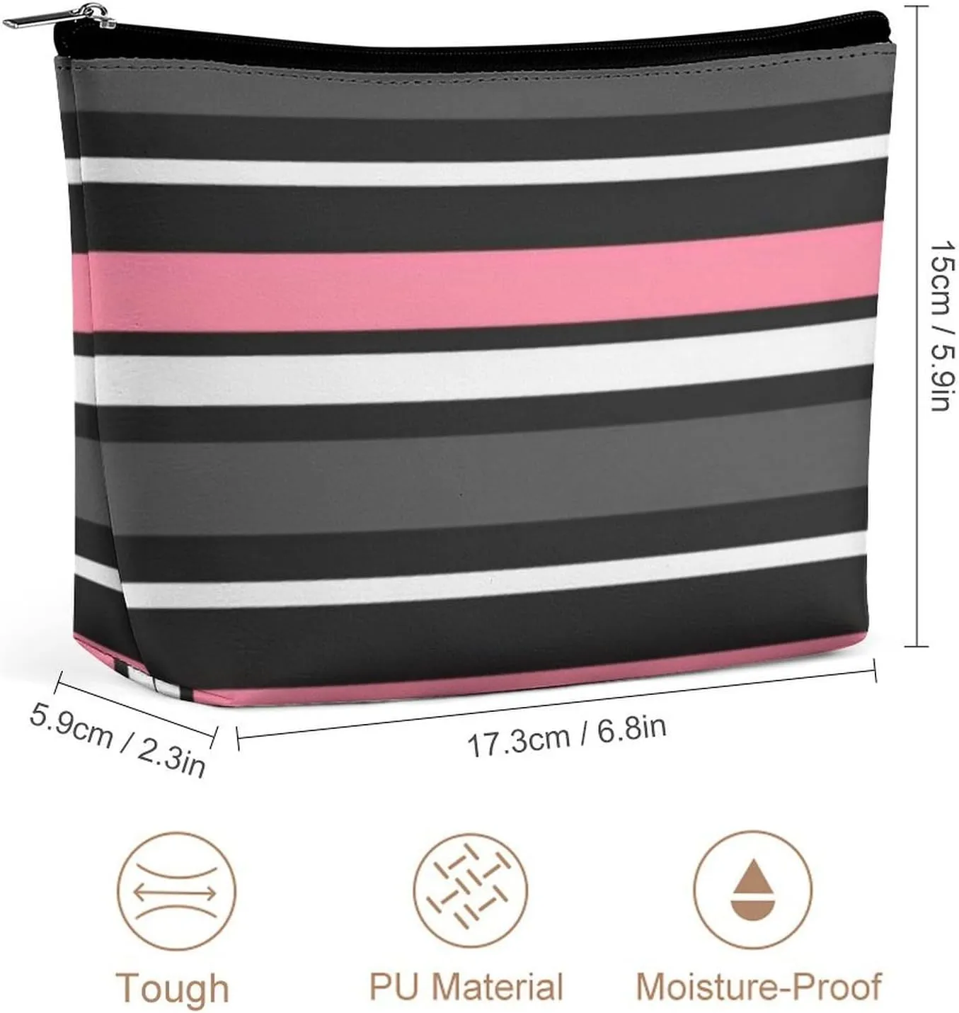 Small Cosmetic Bag, Pink Black Grey and White Stripes Makeup Bags Elegant Roomy Pouch for Women,Travel Toiletry Accessories Organizer