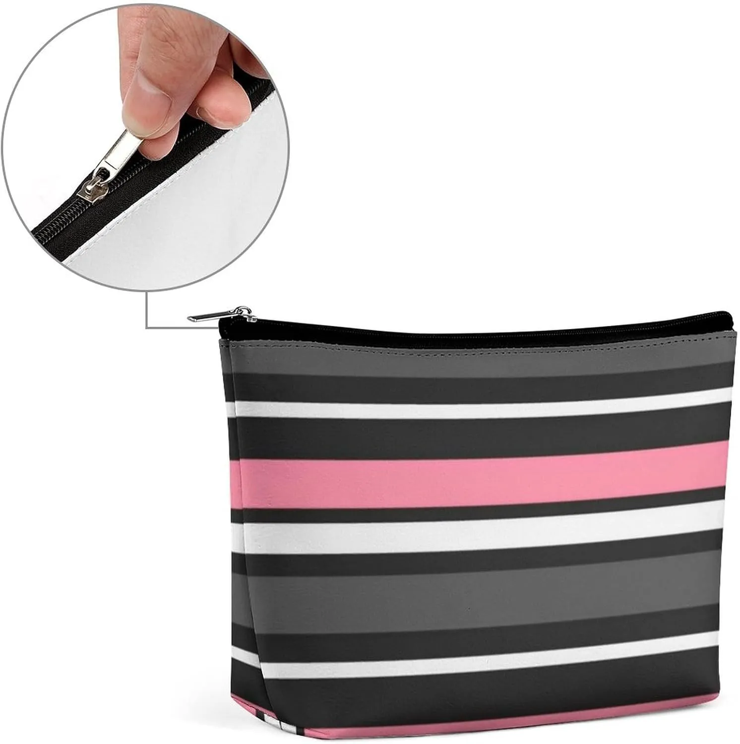 Small Cosmetic Bag, Pink Black Grey and White Stripes Makeup Bags Elegant Roomy Pouch for Women,Travel Toiletry Accessories Organizer
