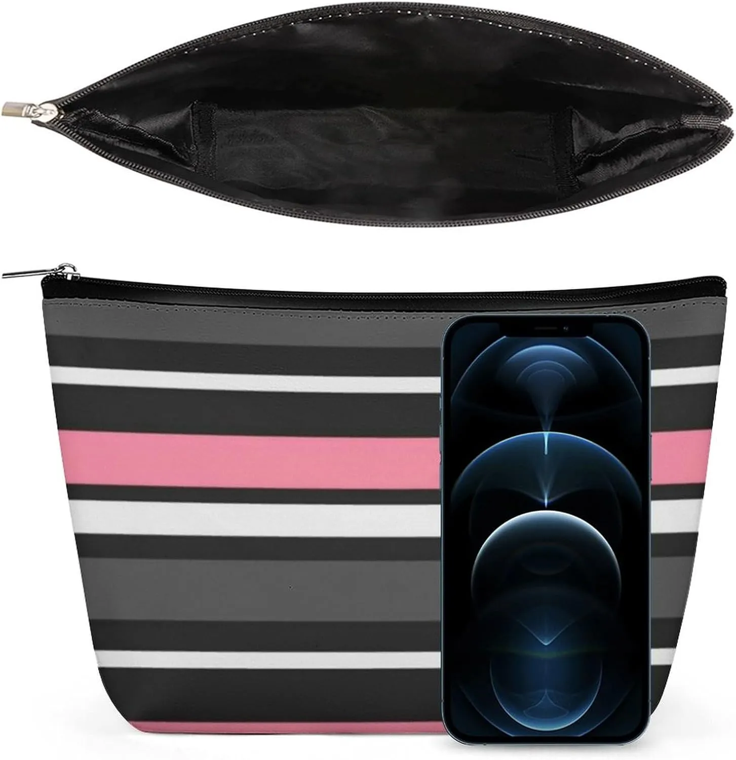 Small Cosmetic Bag, Pink Black Grey and White Stripes Makeup Bags Elegant Roomy Pouch for Women,Travel Toiletry Accessories Organizer