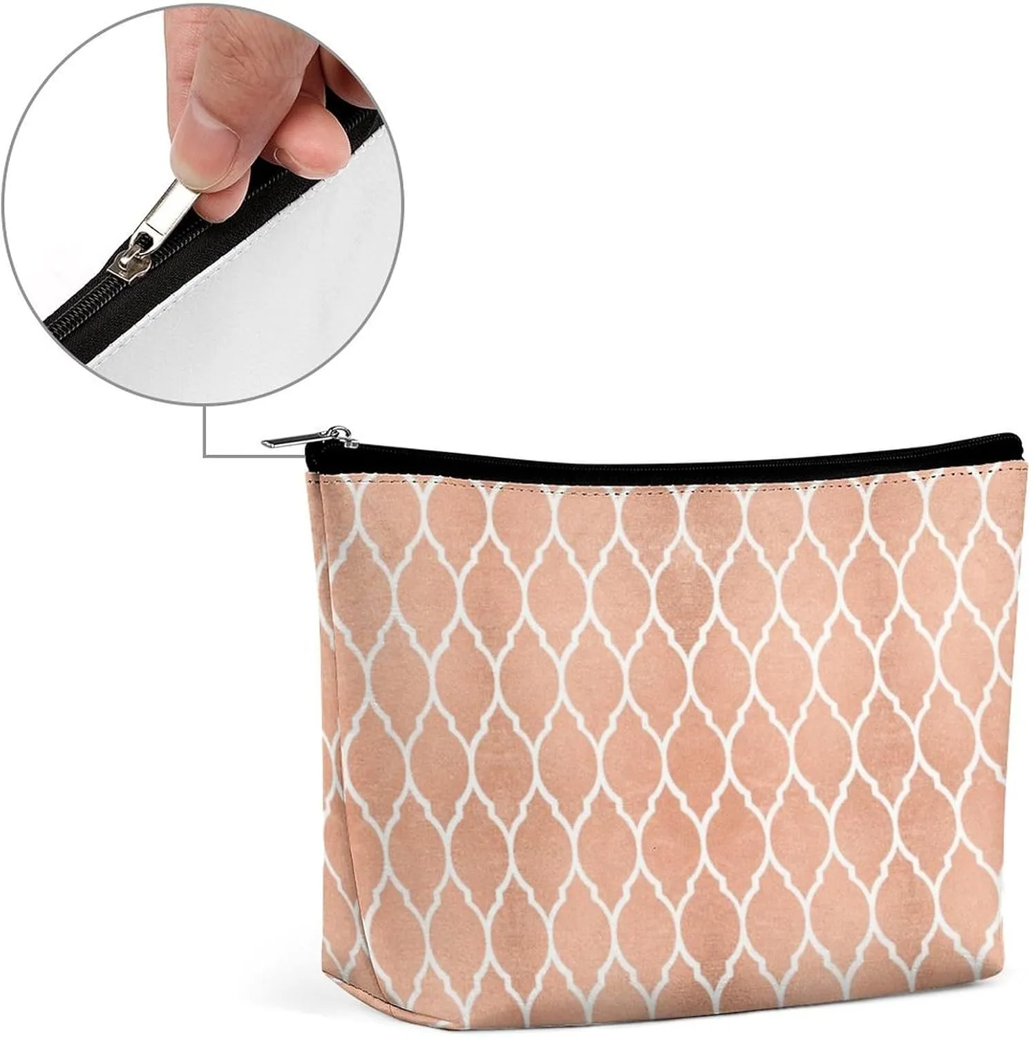 Small Cosmetic Bag, Pink Rose Gold Blush White Quatrefoil Glam Makeup Bags Elegant Roomy Pouch for Women,Travel Toiletry Accessories Organizer
