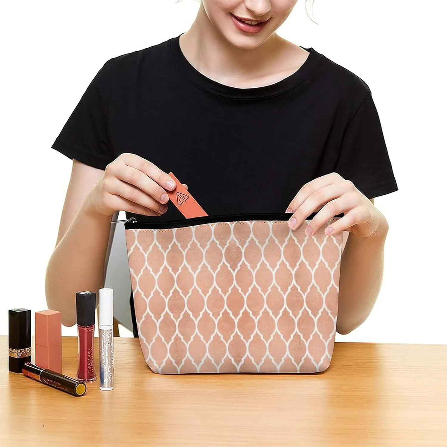 Small Cosmetic Bag, Pink Rose Gold Blush White Quatrefoil Glam Makeup Bags Elegant Roomy Pouch for Women,Travel Toiletry Accessories Organizer