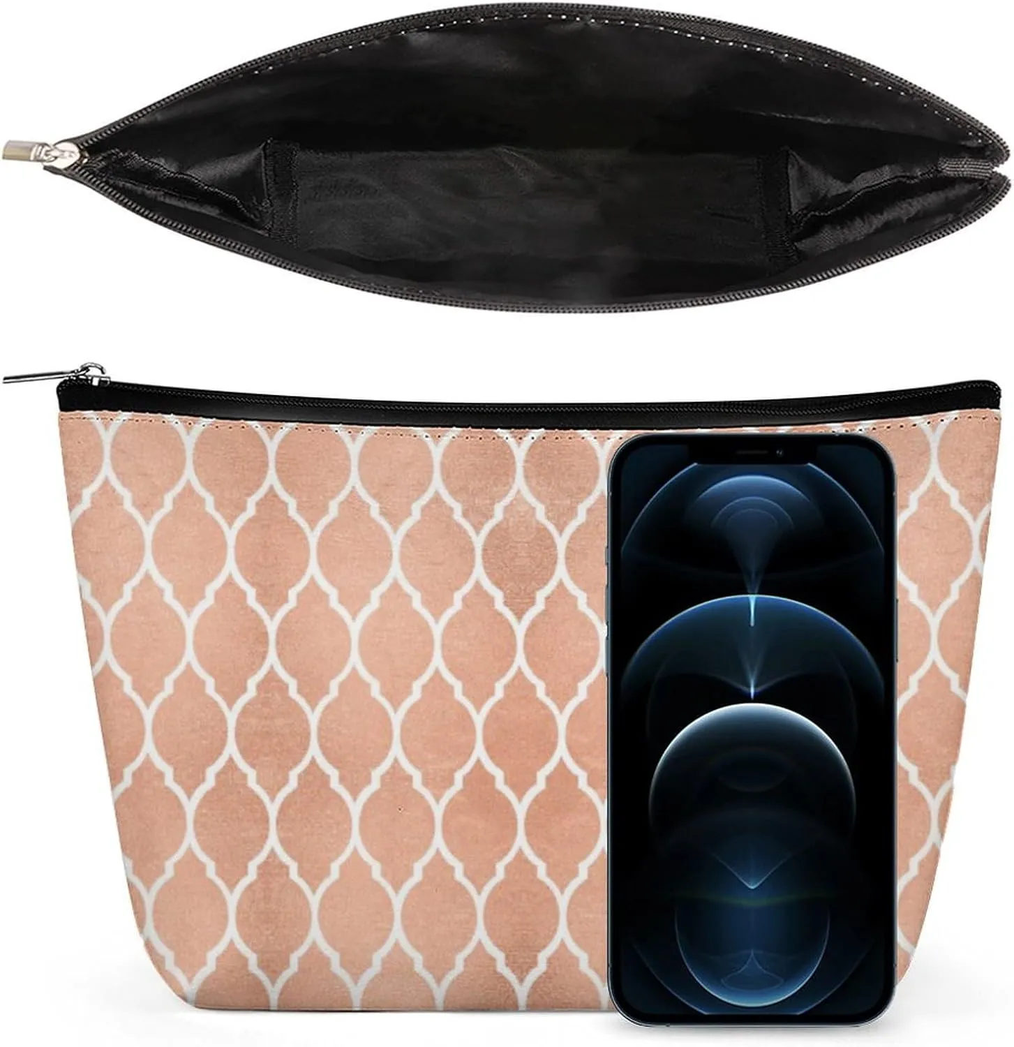 Small Cosmetic Bag, Pink Rose Gold Blush White Quatrefoil Glam Makeup Bags Elegant Roomy Pouch for Women,Travel Toiletry Accessories Organizer