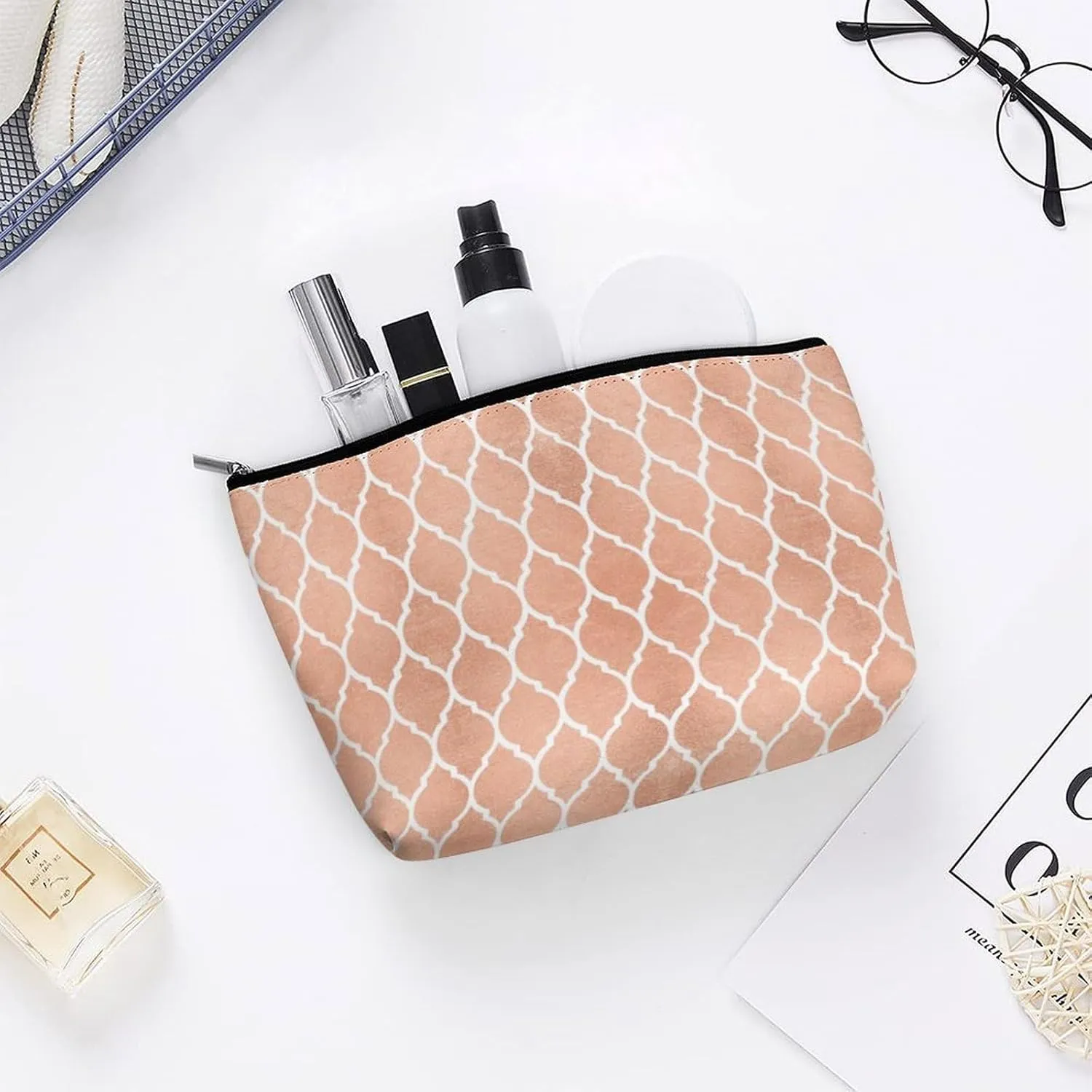 Small Cosmetic Bag, Pink Rose Gold Blush White Quatrefoil Glam Makeup Bags Elegant Roomy Pouch for Women,Travel Toiletry Accessories Organizer
