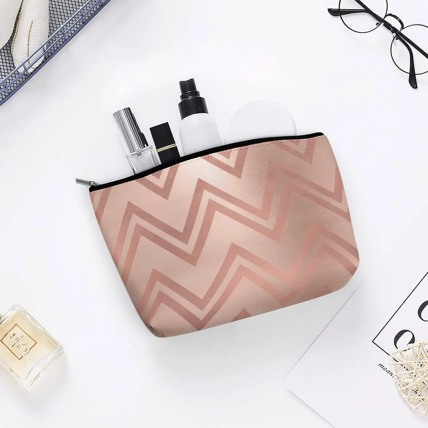 Small Cosmetic Bag, Pink Rose Gold Blush Zig Zag Chevron Stripes Makeup Bags Elegant Roomy Pouch for Women,Travel Toiletry Accessories Organizer