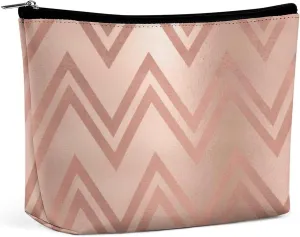 Small Cosmetic Bag, Pink Rose Gold Blush Zig Zag Chevron Stripes Makeup Bags Elegant Roomy Pouch for Women,Travel Toiletry Accessories Organizer