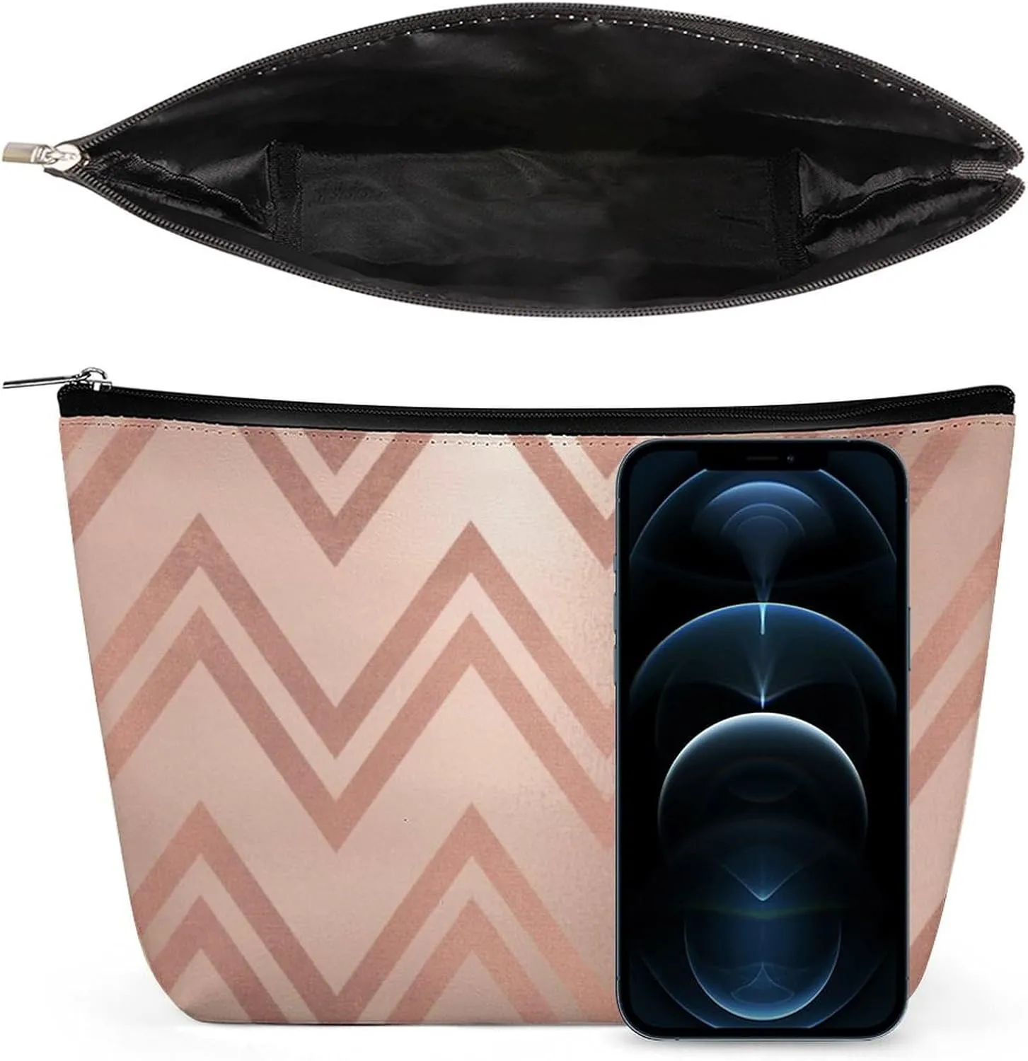 Small Cosmetic Bag, Pink Rose Gold Blush Zig Zag Chevron Stripes Makeup Bags Elegant Roomy Pouch for Women,Travel Toiletry Accessories Organizer