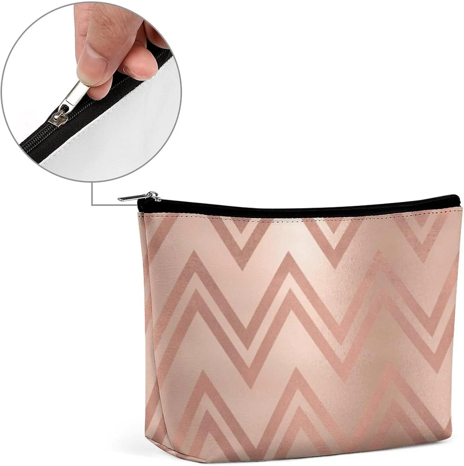 Small Cosmetic Bag, Pink Rose Gold Blush Zig Zag Chevron Stripes Makeup Bags Elegant Roomy Pouch for Women,Travel Toiletry Accessories Organizer