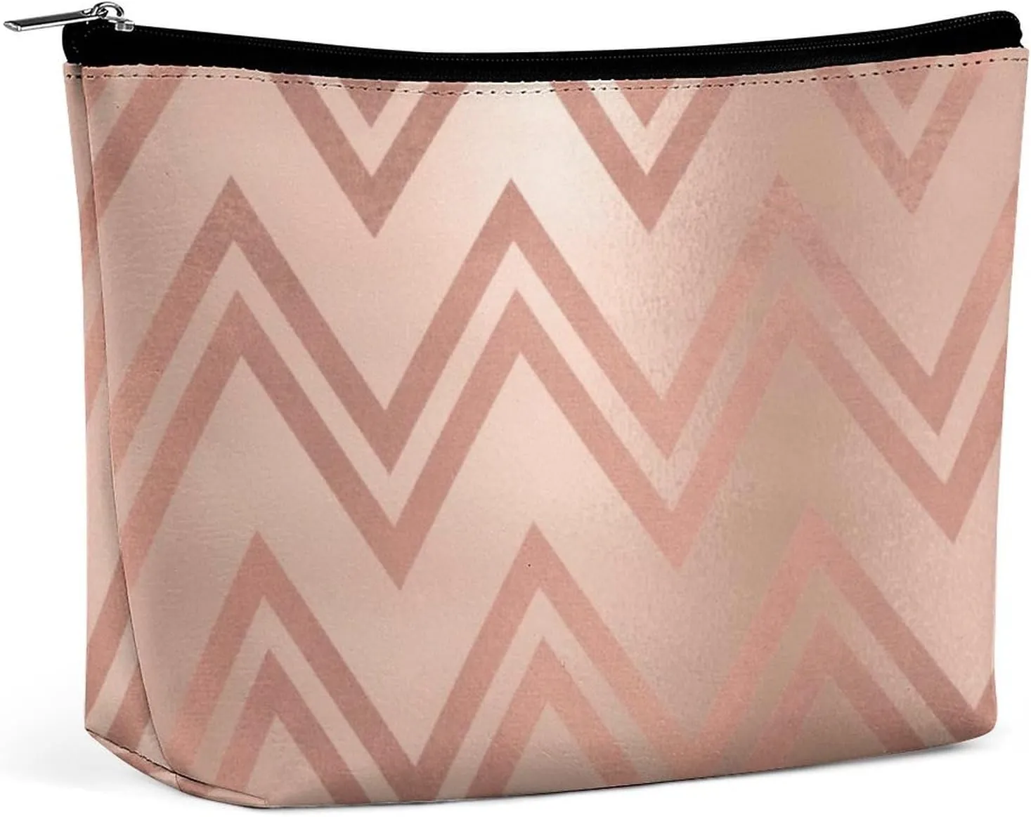 Small Cosmetic Bag, Pink Rose Gold Blush Zig Zag Chevron Stripes Makeup Bags Elegant Roomy Pouch for Women,Travel Toiletry Accessories Organizer
