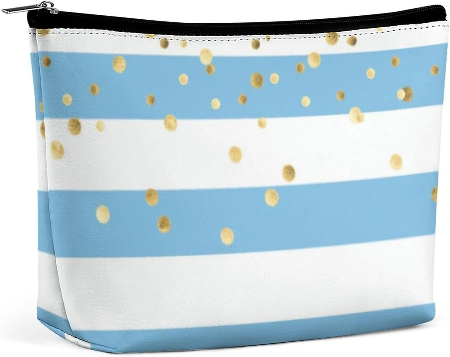 Small Cosmetic Bag, Stripes Pastel Blue Gold Makeup Bags Elegant Roomy Pouch for Women,Travel Toiletry Accessories Organizer