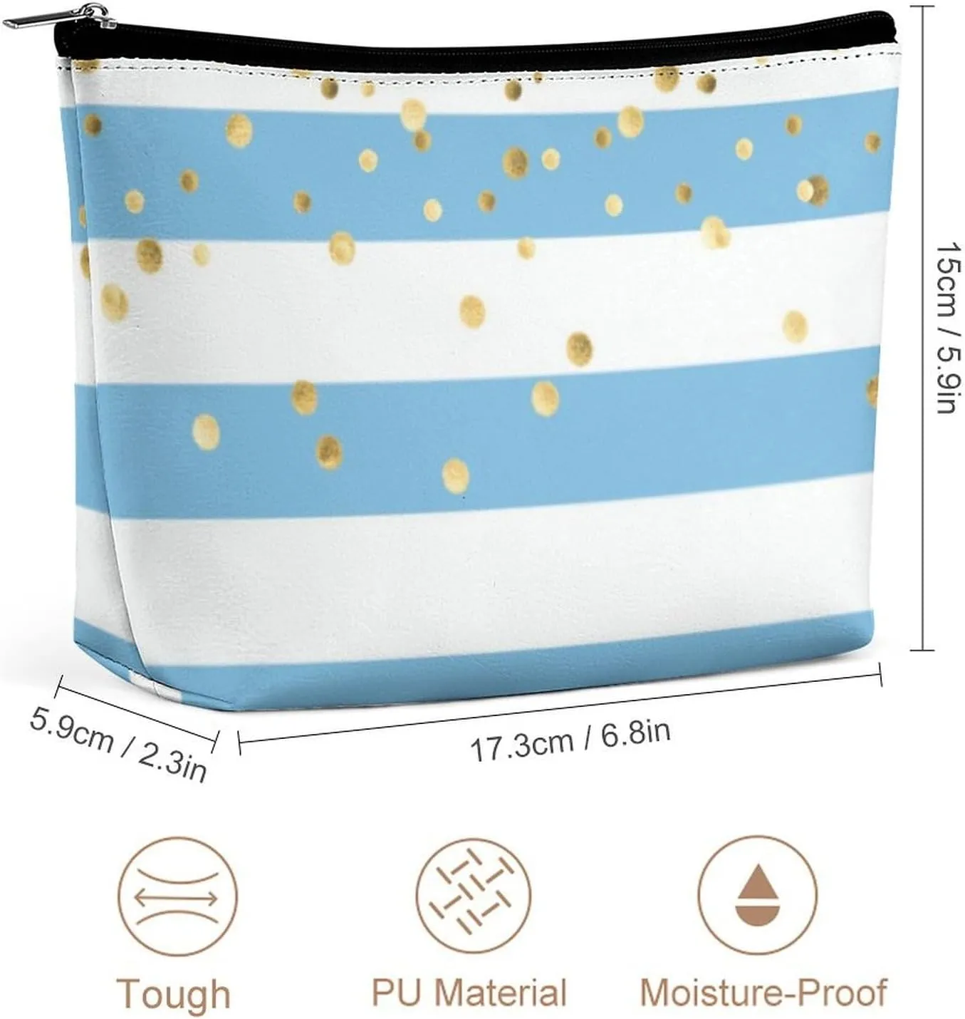 Small Cosmetic Bag, Stripes Pastel Blue Gold Makeup Bags Elegant Roomy Pouch for Women,Travel Toiletry Accessories Organizer