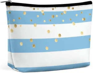 Small Cosmetic Bag, Stripes Pastel Blue Gold Makeup Bags Elegant Roomy Pouch for Women,Travel Toiletry Accessories Organizer