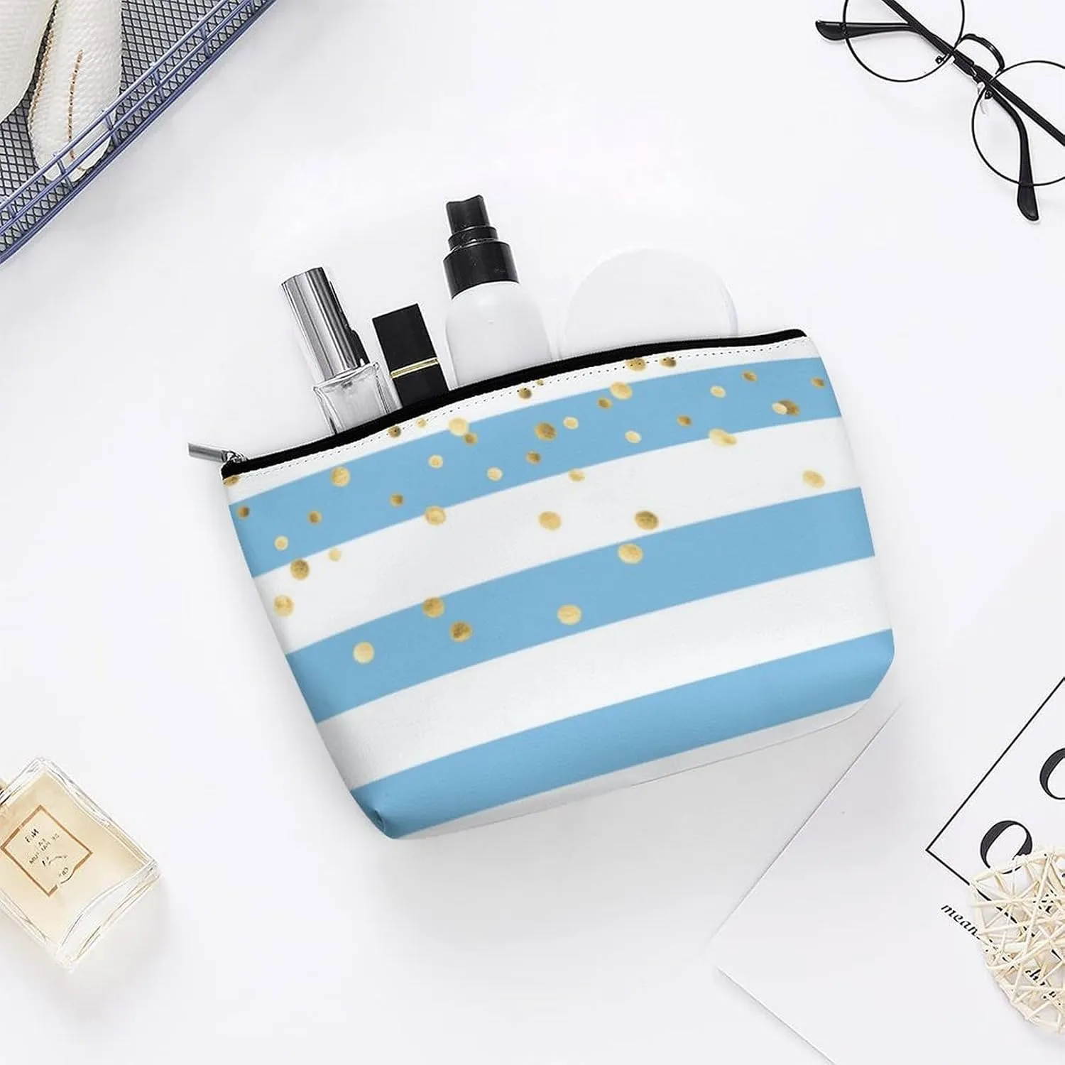 Small Cosmetic Bag, Stripes Pastel Blue Gold Makeup Bags Elegant Roomy Pouch for Women,Travel Toiletry Accessories Organizer