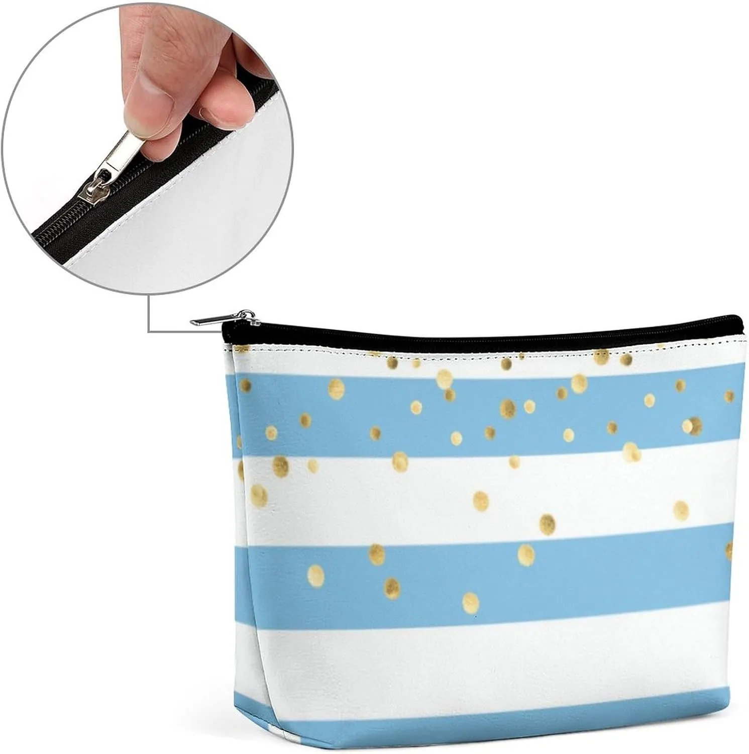 Small Cosmetic Bag, Stripes Pastel Blue Gold Makeup Bags Elegant Roomy Pouch for Women,Travel Toiletry Accessories Organizer