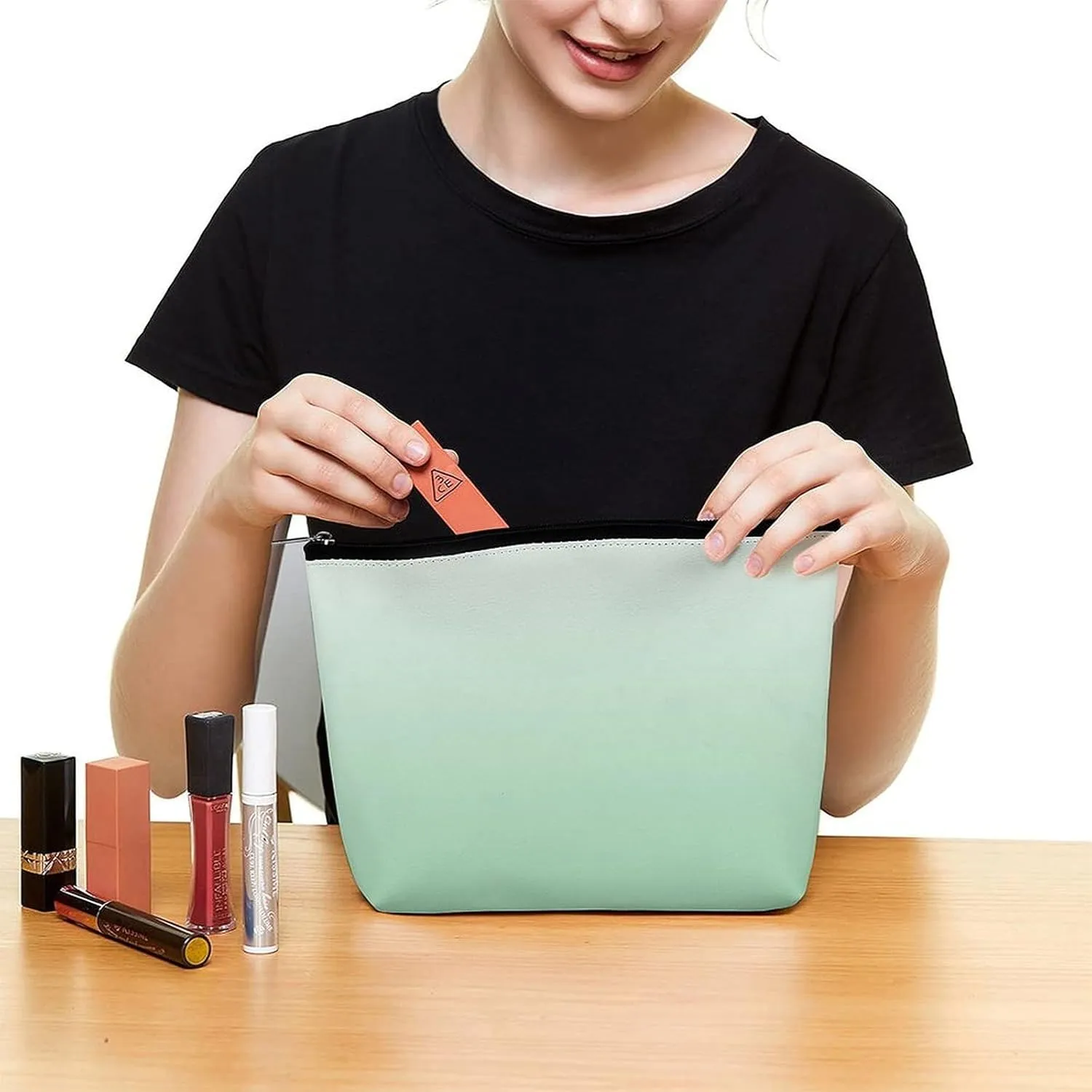 Small Cosmetic Bag, White Pale White and Mint Green Ombre Makeup Bags Elegant Roomy Pouch for Women,Travel Toiletry Accessories Organizer