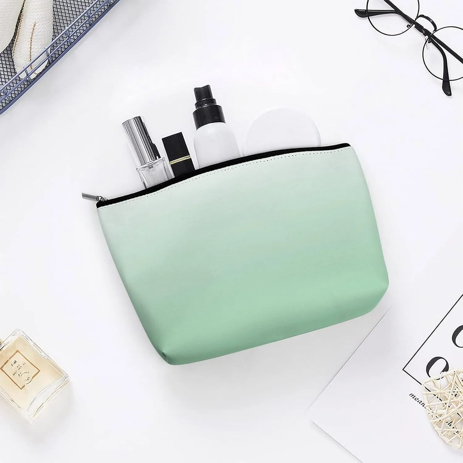 Small Cosmetic Bag, White Pale White and Mint Green Ombre Makeup Bags Elegant Roomy Pouch for Women,Travel Toiletry Accessories Organizer