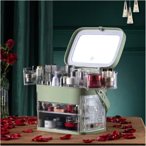 Smart Makeup Mirror Water-Resistant Cosmetic Storage Box with LED High-Definition Makeup Mirror 3-Level Dimming Portable Integrated Multifunctional (Color :) (Green)