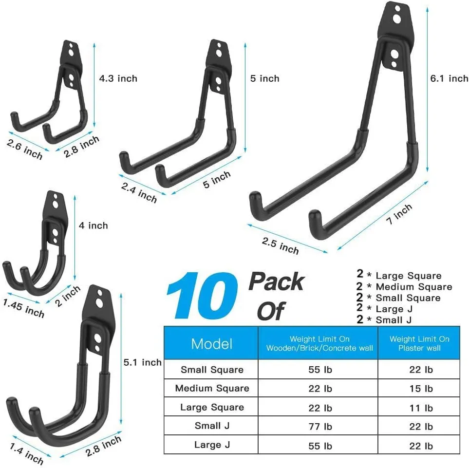 SMARTOLOGY Garage Hooks, 12 Pack Wall Mount Storage Holders with 2 Extension Cord Storage Straps, Heavy Duty for Utility Organizer, Garden Lawn Tools, Ladders Hanger, Bike