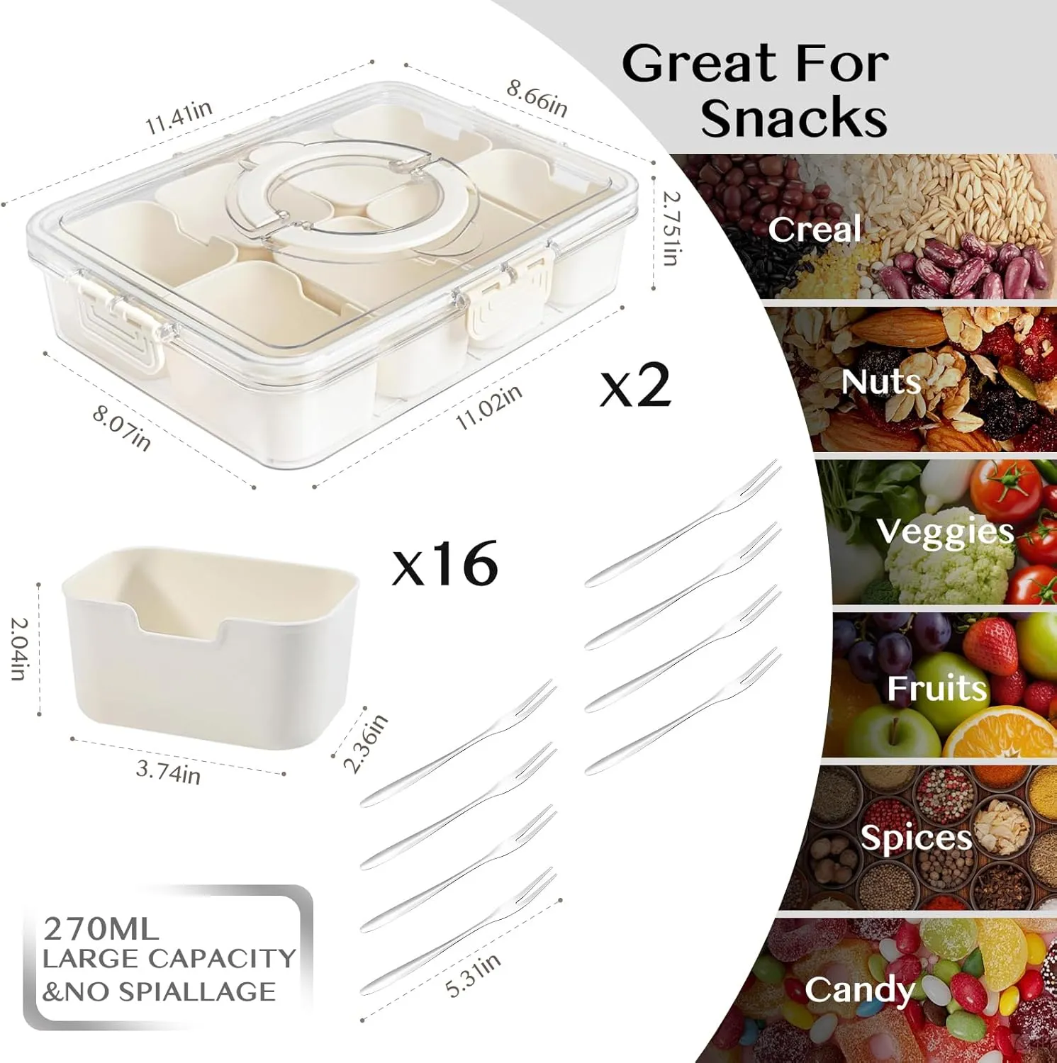 Snackle Box Container,Portable Snack Box 8 Compartment Divided Serving Tray with Lid and Handle,Clear Storage Organizer for Fruit Candy Nuts Veggie-Perfect for Road Travel Party（2 Pack）