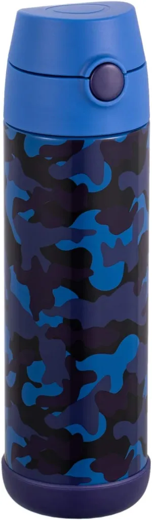 Snug Kids Water Bottle - insulated stainless steel thermos with straw (Girls/Boys) - Camo, 17oz