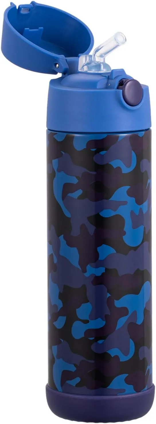 Snug Kids Water Bottle - insulated stainless steel thermos with straw (Girls/Boys) - Camo, 17oz