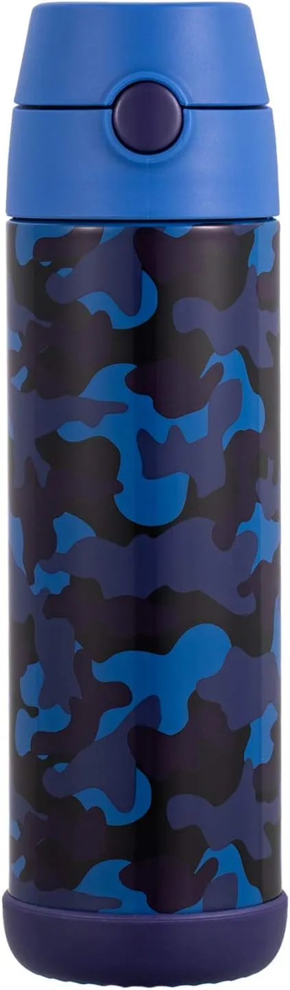 Snug Kids Water Bottle - insulated stainless steel thermos with straw (Girls/Boys) - Camo, 17oz