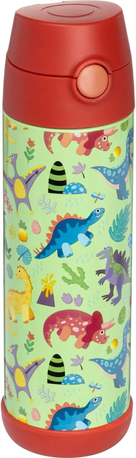 Snug Kids Water Bottle - insulated stainless steel thermos with straw (Girls/Boys) - Dinosaurs, 17oz
