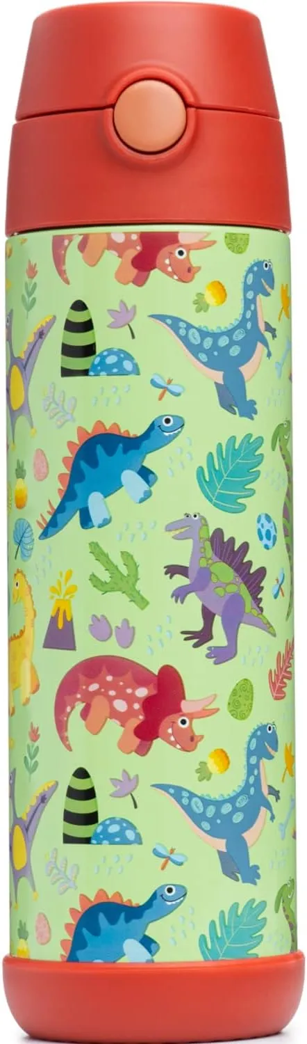Snug Kids Water Bottle - insulated stainless steel thermos with straw (Girls/Boys) - Dinosaurs, 17oz
