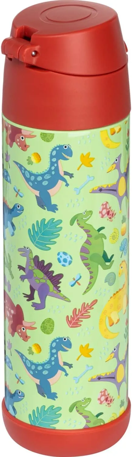 Snug Kids Water Bottle - insulated stainless steel thermos with straw (Girls/Boys) - Dinosaurs, 17oz