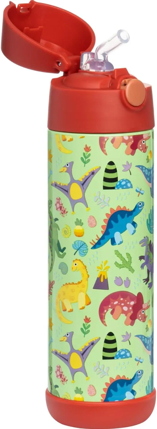 Snug Kids Water Bottle - insulated stainless steel thermos with straw (Girls/Boys) - Dinosaurs, 17oz