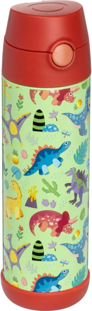 Snug Kids Water Bottle - insulated stainless steel thermos with straw (Girls/Boys) - Dinosaurs, 17oz