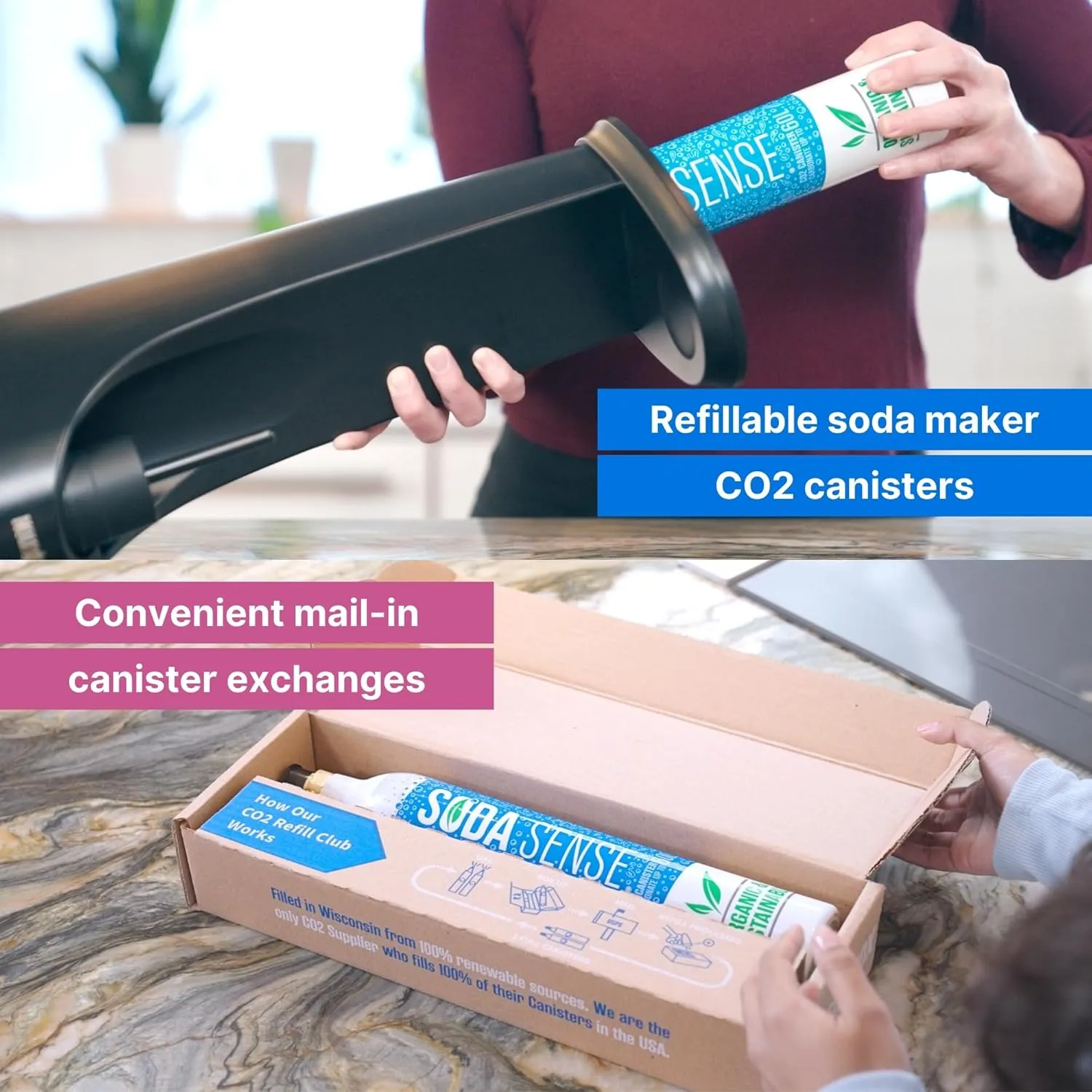 Soda Sense 60L Easy Connect Full Refillable CO2 Canister 2 Pack, Compatible w/SodaStream Quick Connect Soda Makers Only [Including ART, TERRA ENSO & DUO]