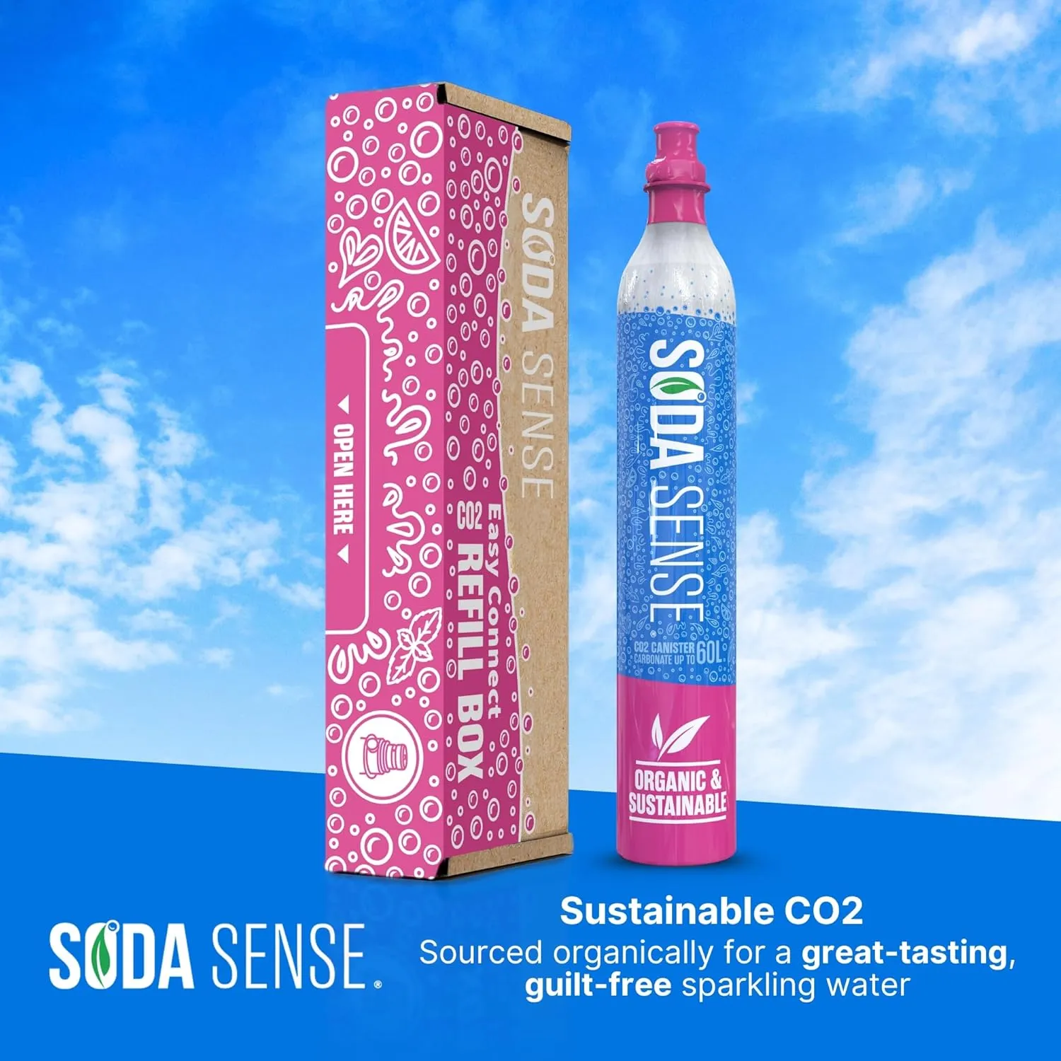 Soda Sense 60L Easy Connect Full Refillable CO2 Canister 2 Pack, Compatible w/SodaStream Quick Connect Soda Makers Only [Including ART, TERRA ENSO & DUO]