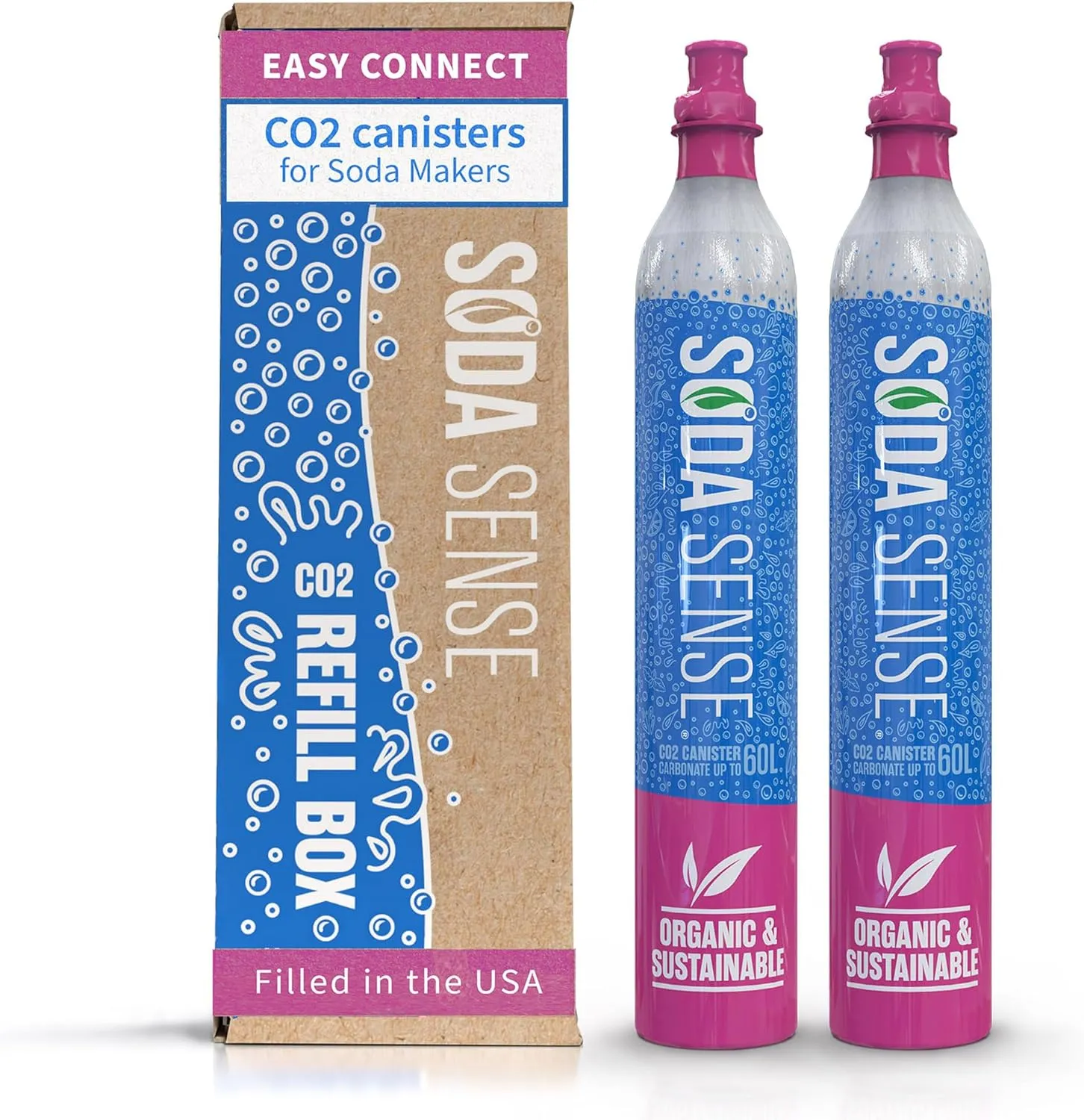 Soda Sense 60L Easy Connect Full Refillable CO2 Canister 2 Pack, Compatible w/SodaStream Quick Connect Soda Makers Only [Including ART, TERRA ENSO & DUO]